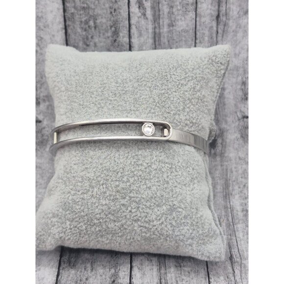 Silver Stainless Steel Hinged Bangle Bracelet with Sliding Clear Crystal Accent - Picture 4 of 11